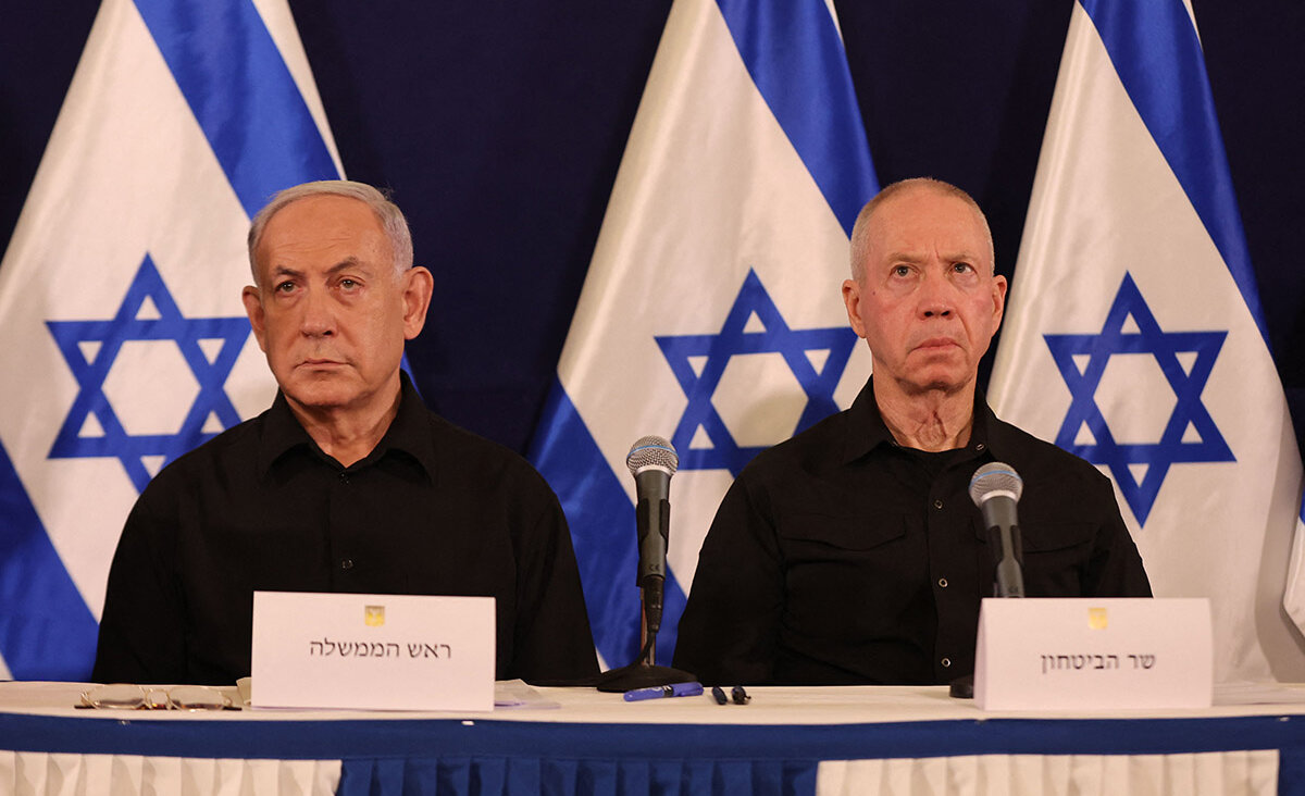 Israeli Prime Minister Benjamin Netanyahu, left, and Defense Minister Yoav Gallant at a press conference in Tel Aviv on Oct. 28, 2023.