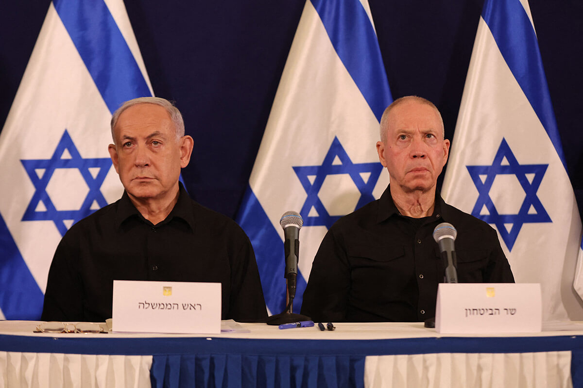 Israeli Prime Minister Benjamin Netanyahu, left, and Defense Minister Yoav Gallant at a press conference in Tel Aviv on Oct. 28, 2023.