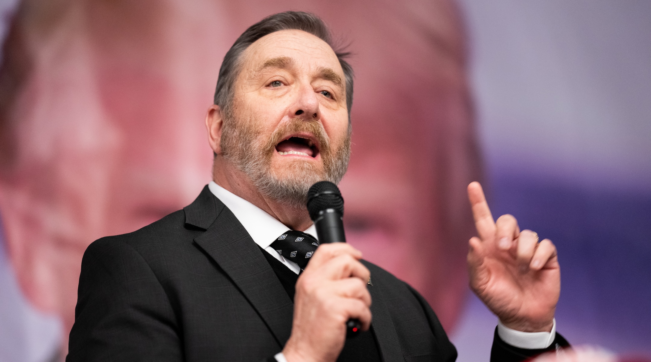 Ohio Attorney General Dave Yost introduces the keynote speaker at the Columbiana County Lincoln Day Dinner in Salem, Ohio, March 15, 2024. (Bill Clark/CQ-Roll Call, Inc via Getty Images)