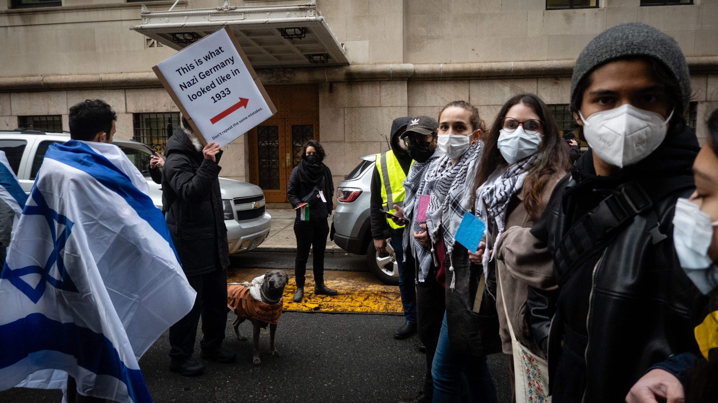 Pro-Palestinian and pro-Israel demonstrators square off outside Columbia University, February 2, 2024. (Luke Tress)