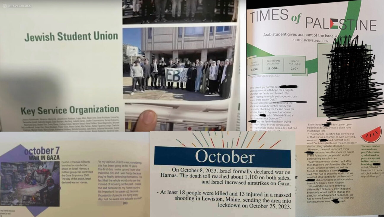 (Clockwise from top left) High school yearbooks in East Brunswick, New Jersey; Bellaire, Texas; St. Louis Park, Minnesota; and Glenview, Illinois went to press during the 2023-24 school year with material that Jews said was antisemitic or insensitive, ranging from the swapping out of a Jewish student group photo with a Muslim group, to descriptions of the Israel-Hamas war that avoided the Oct. 7 attacks. (Collage by JTA)