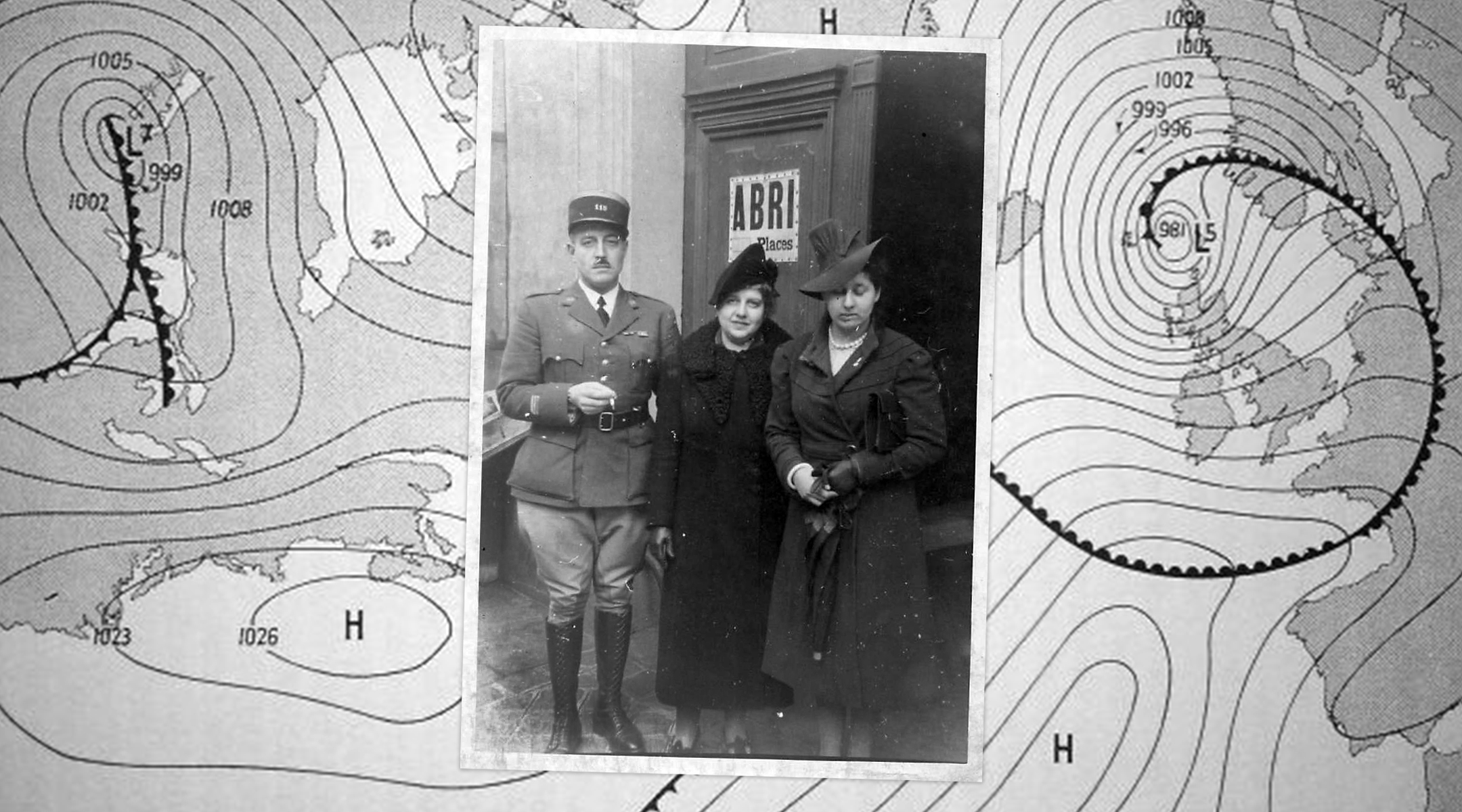 The author’s grandparents and his mother in front of their building in Paris, ca. 1940. At rear, surface weather analysis map shows weather fronts in and around Normandy on June 5, 1944. (Courtesy Gerard Laval; Wikipedia)