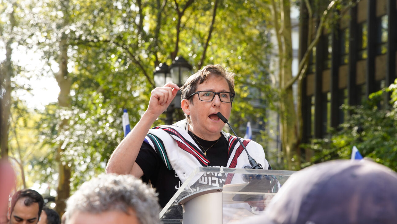 Rabbi Sharon Kleinbaum at a protest against Prime Minister Bibi Netanyahu as he addresses the UN General Assembly on Sept. 22, 2023. 