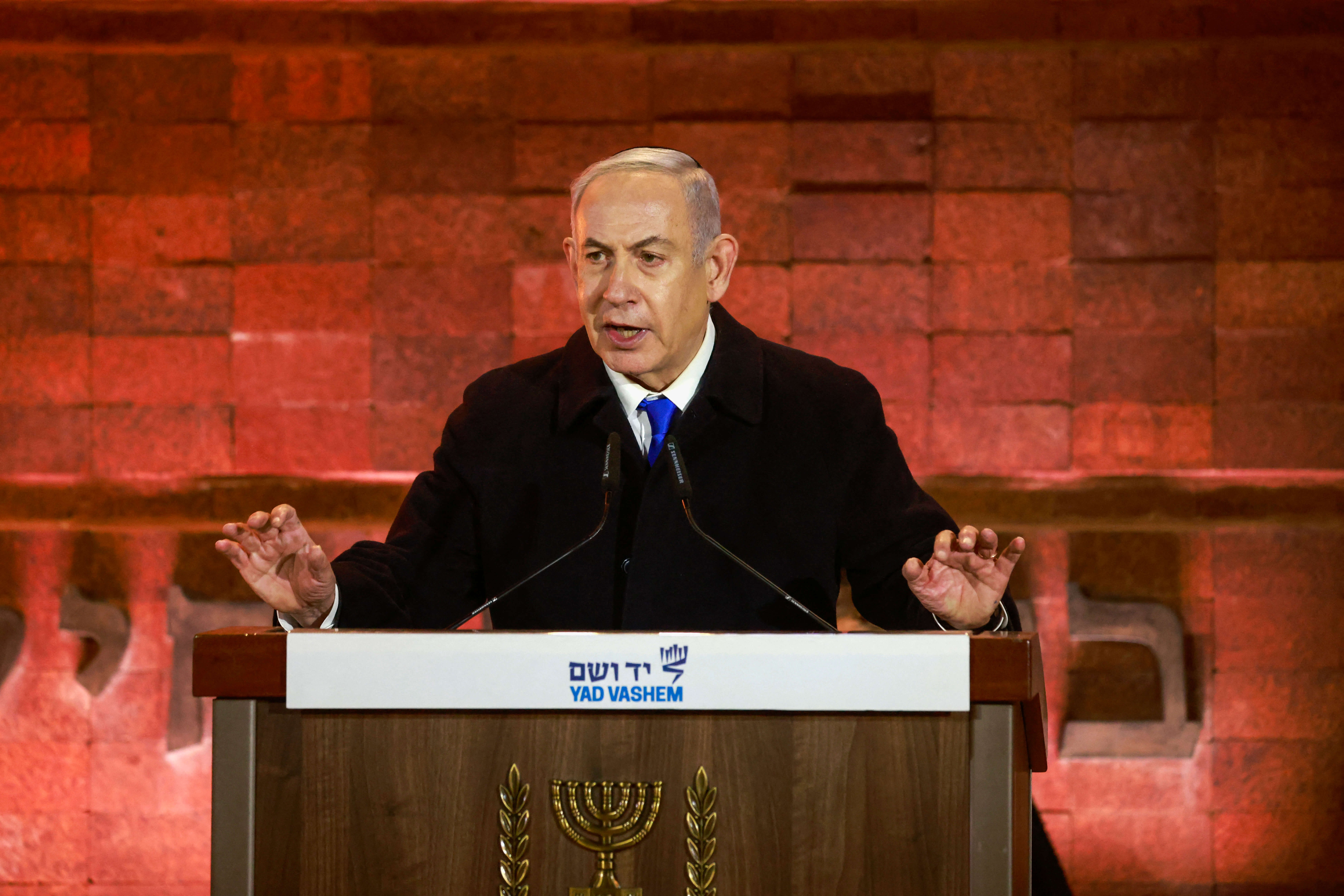 Benjamin Netanyahu speaks during a ceremony marking Holocaust Remembrance Day, May 5, 2024.