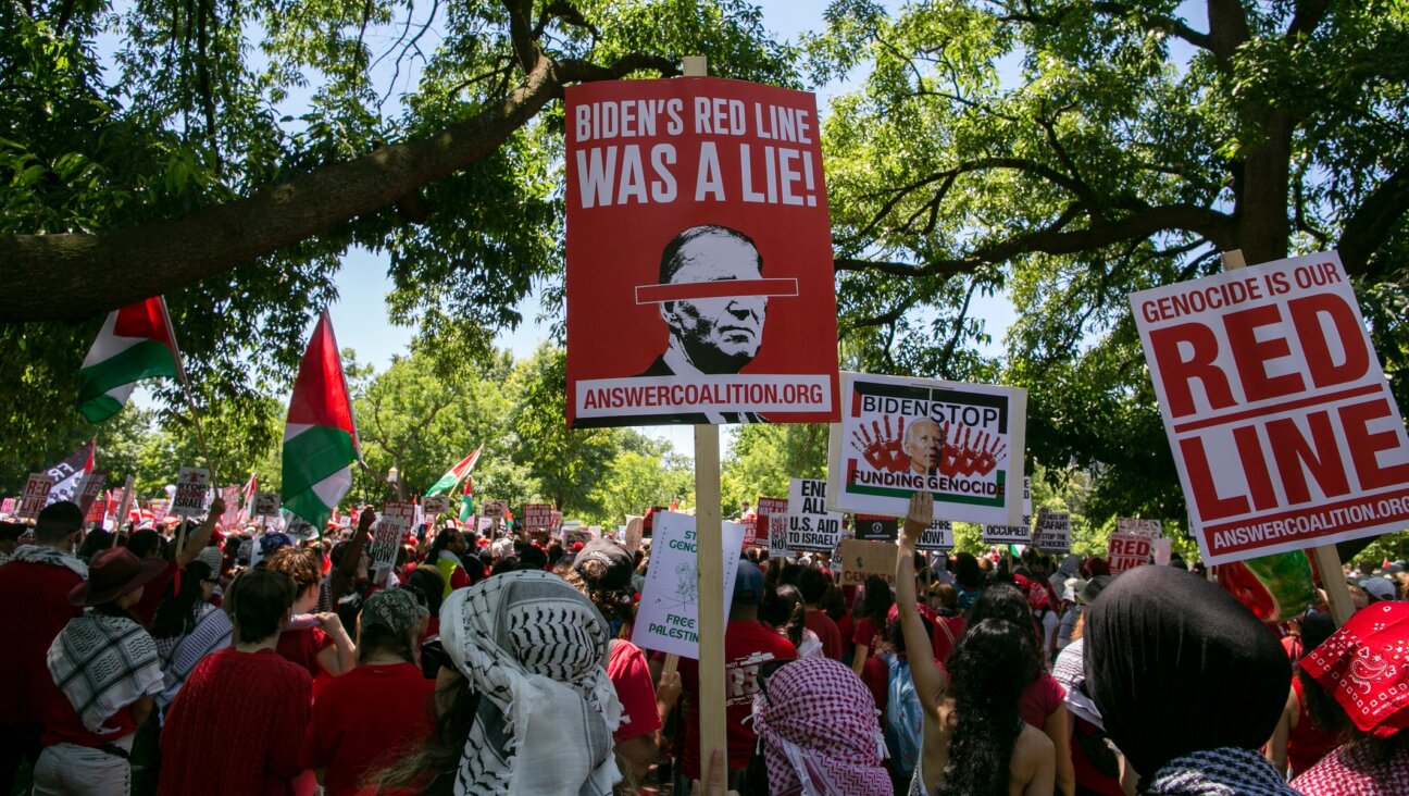 Thousands of pro-Palestinian demonstrators wearing red clothes surrounded the White House with a long red banner symbolizing President Biden’s ‘red line’ regarding an Israeli invasion of Rafah. (Probal Rashid/LightRocket via Getty Images)