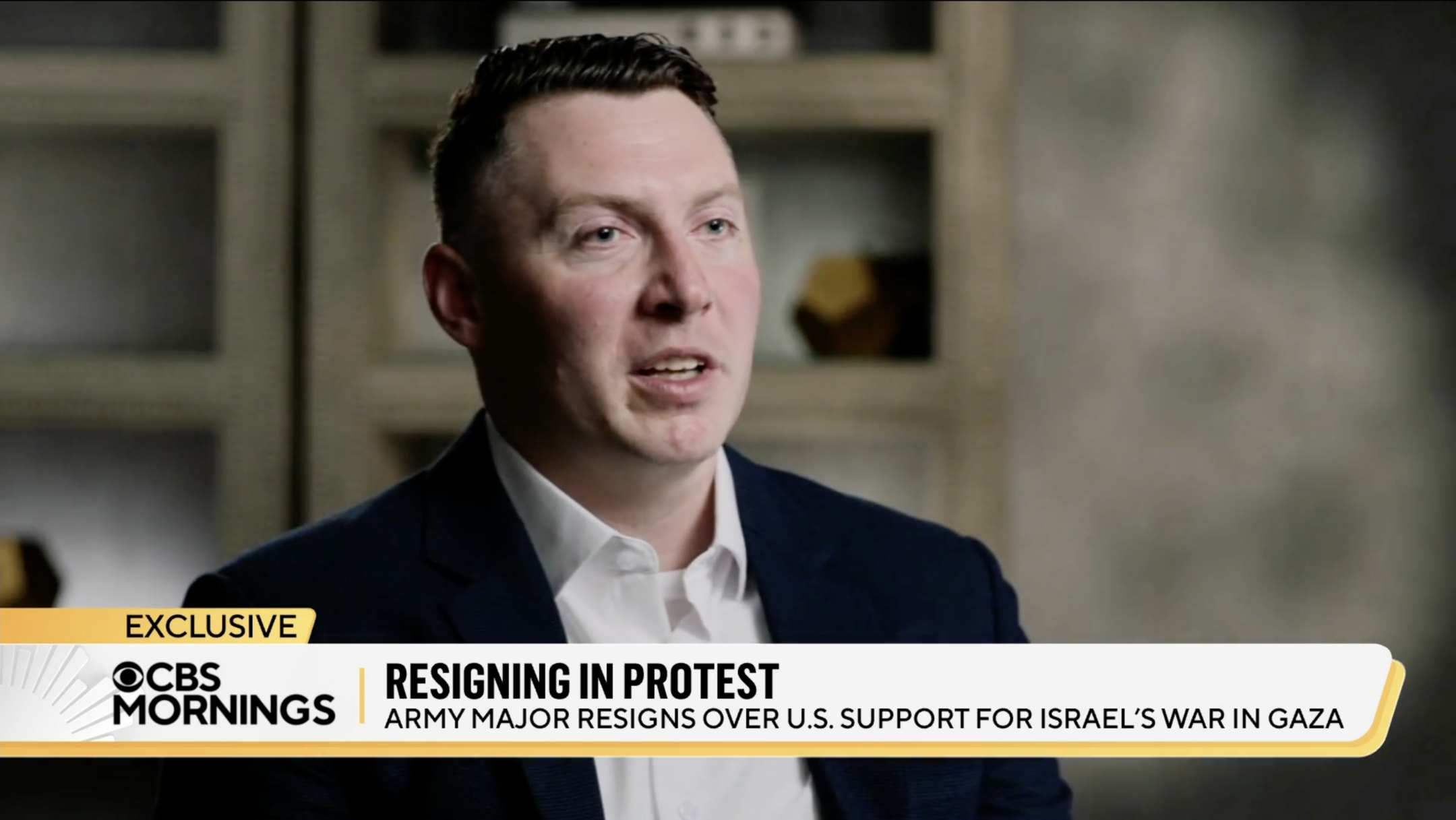 Harrison Call appeared on CBS News to discuss his resignation from the U.S. Army out of protest over Israel’s war in Gaza. (Screenshot)