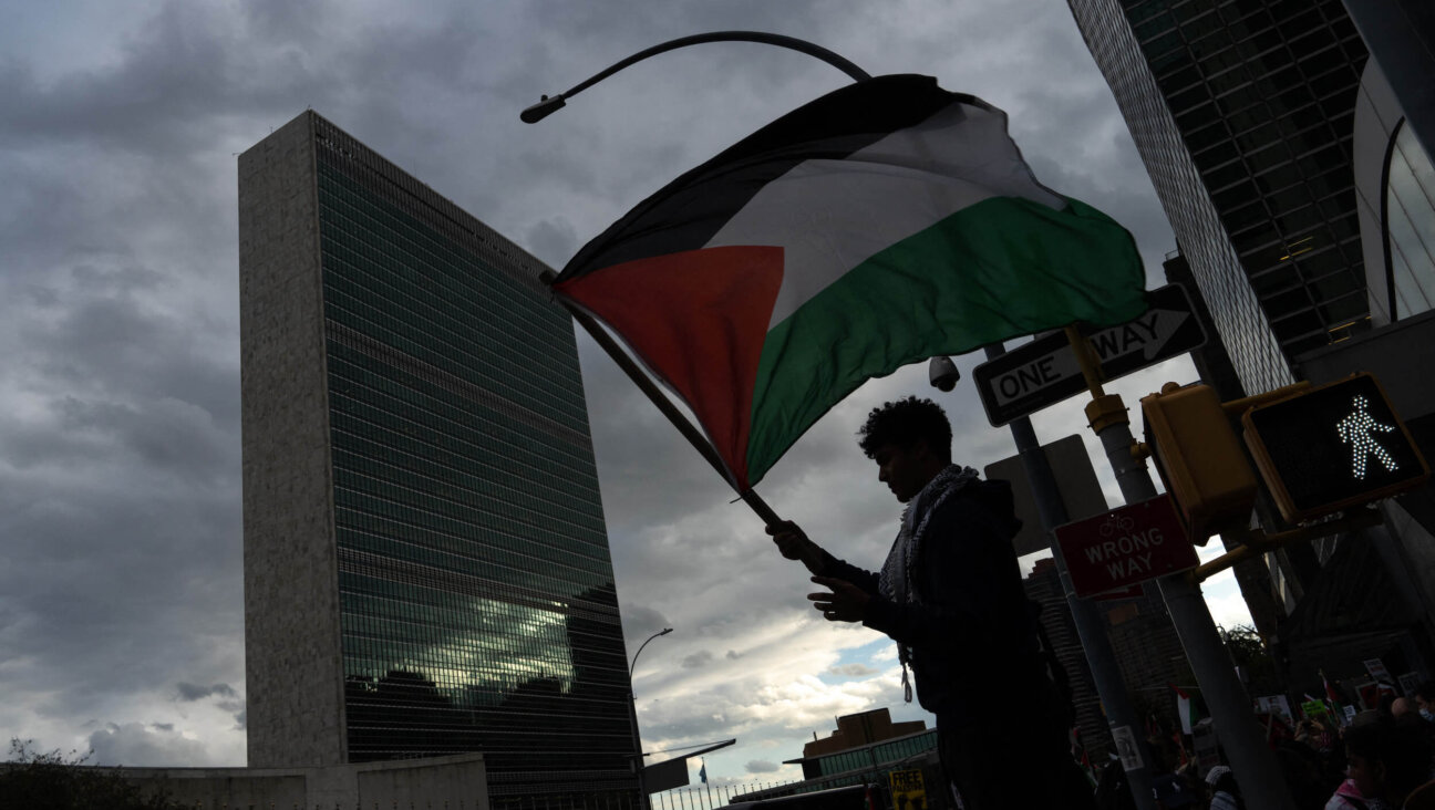 A demonstrator waves a Palestinian flag outside of the United Nations' headquarters.