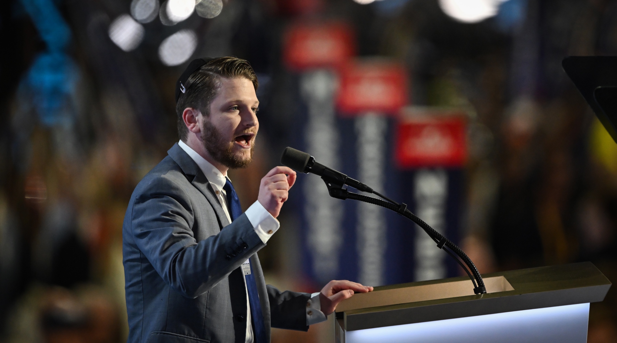 Shabbos Kestenbaum speaks on stage on the third day of the Republican National Convention at the Fiserv Forum, Milwaukee, July 17, 2024. (Leon Neal/Getty Images)