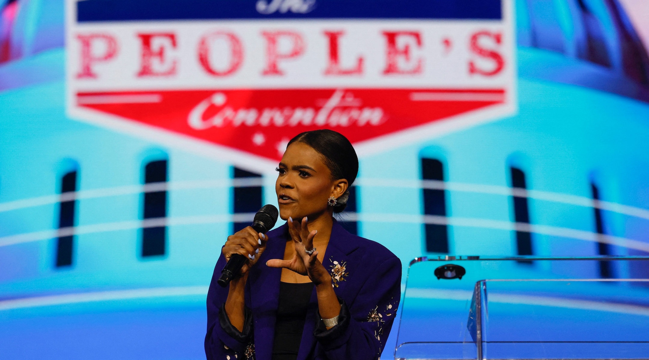 Candace Owens, conservative political commentator, speaks on stage during “Turning Point’s The Peoples Convention” on June 14, 2024 at Huntington Place in Detroit, Michigan. (Jeff Kowalsky/AFP via Getty Images)