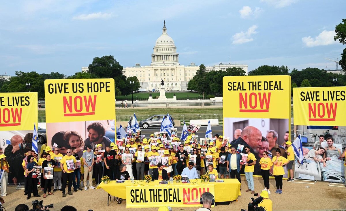 The Hostages and Missing Families Forum protesting outside of the Capitol on Tuesday, a day before Netanyahu's address to Congress.