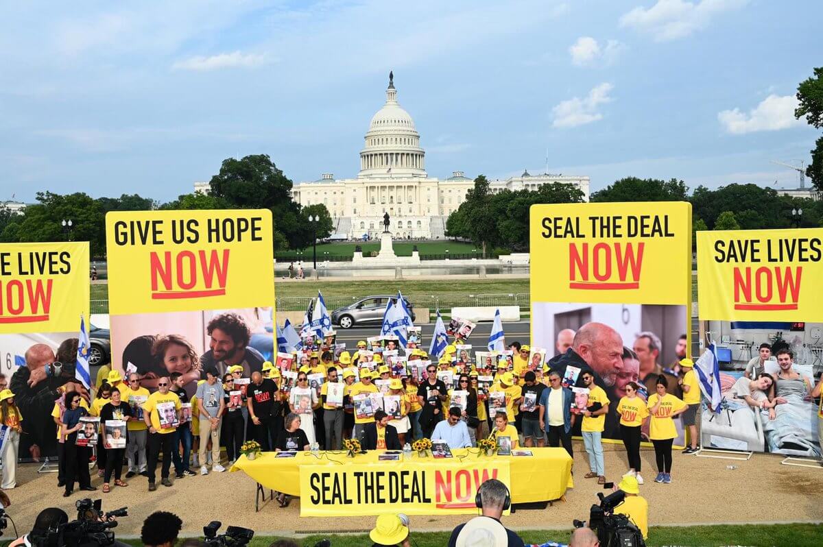 The Hostages and Missing Families Forum protesting outside of the Capitol on Tuesday, a day before Netanyahu's address to Congress.