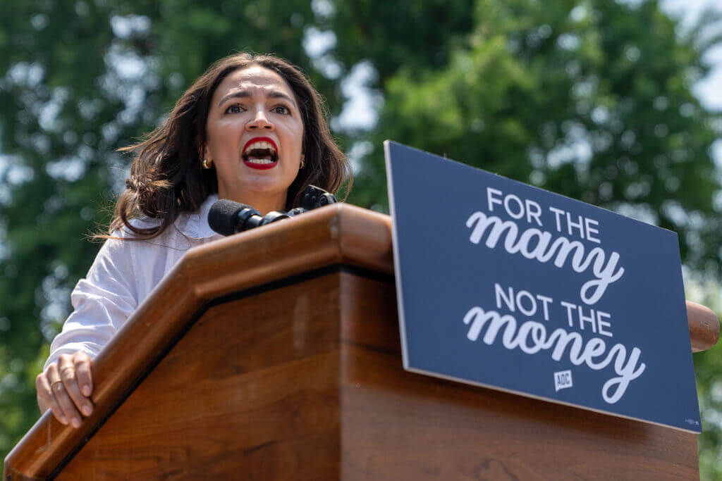 Rep. Alexandria Ocasio-Cortez (D-NY) at a rally for Rep. Jamaal Bowman (D-NY) on June 22, 2024.