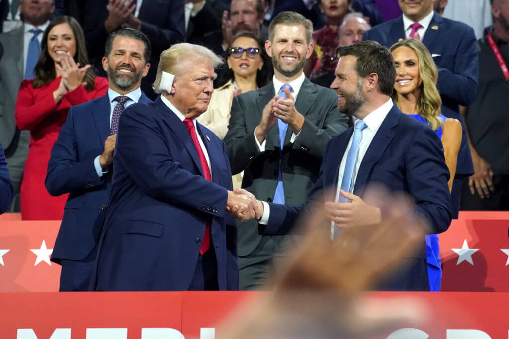 Former President Donald Trump and Sen. J.D. Vance, a Republican from Ohio and the vice-presidential nominee, at the Republican National Convention in Milwaukee on July 15.