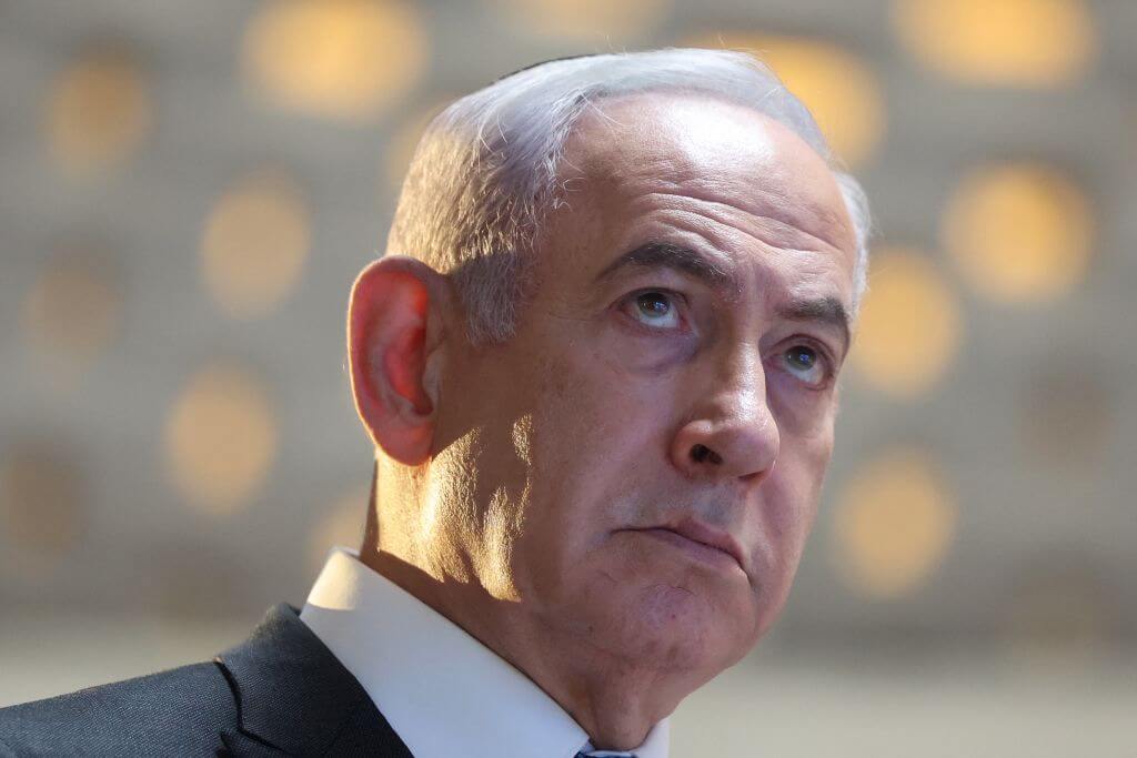 Israeli Prime Minister Benjamin Netanyahu speaks during a commemoration ceremony for soldiers killed during the 2014 Gaza war on Mount Herzl in Jerusalem on July 16, 2024.