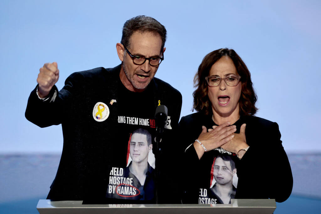 Orna and Ronen Neutra, parents of Omer Neutra who was taken hostage by Hamas during the militant group's Oct. 7 attack on Israel, speak during the Republican National Convention in Milwaukee on July 17.