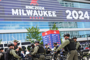 Law enforcement officers prepare for the 2024 Republican National Convention on July 14, 2024 in Milwaukee, Wisconsin.