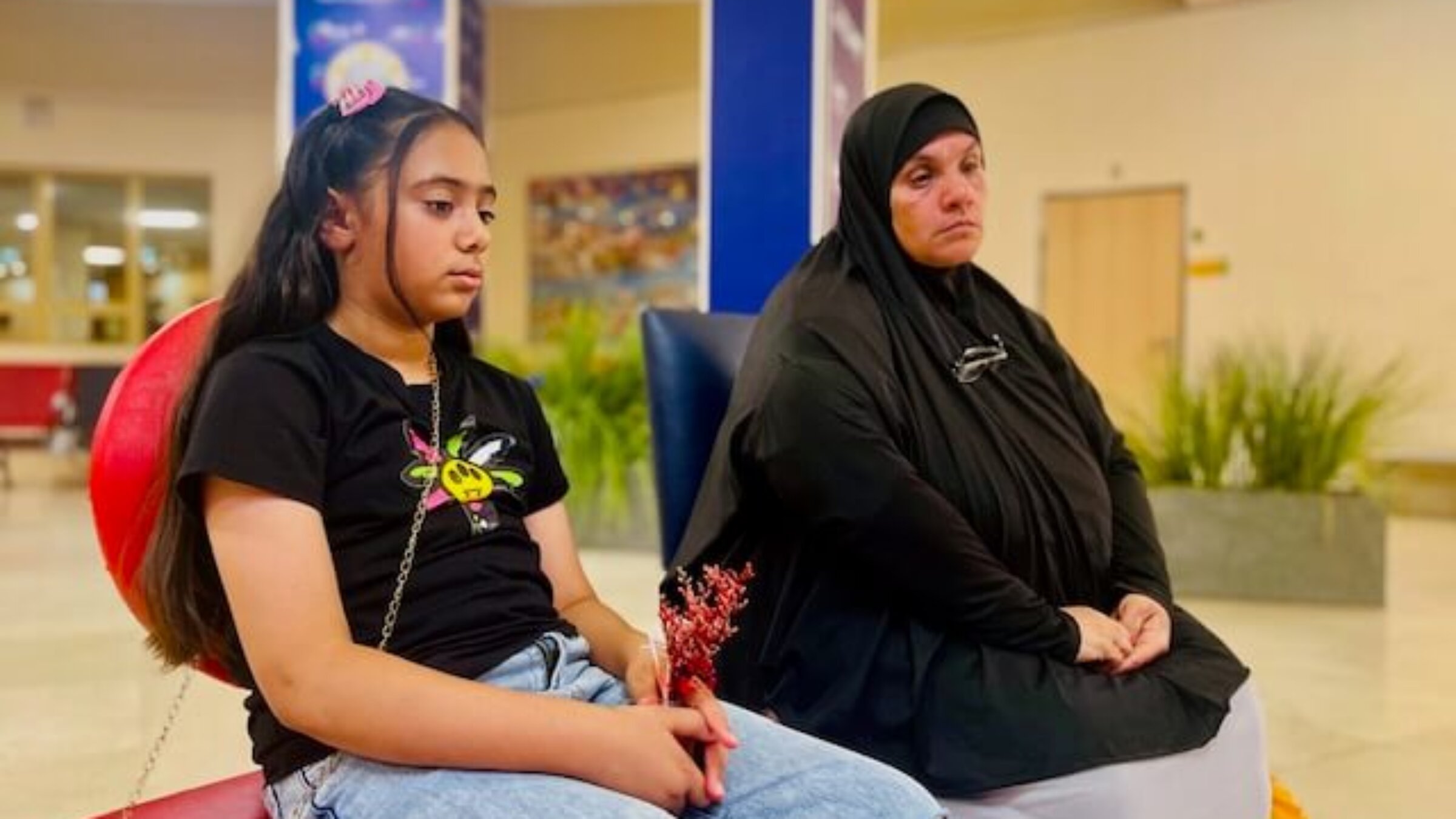 Iptisam Hasanein, right, and her granddaughter, Lujain, both from North Gaza, have spent 15 months sheltered in Israel's Sheba Medical Center as Lujain's 3-year-old brother receives medical treatment. The kids' father was killed in an Israeli airstrike.