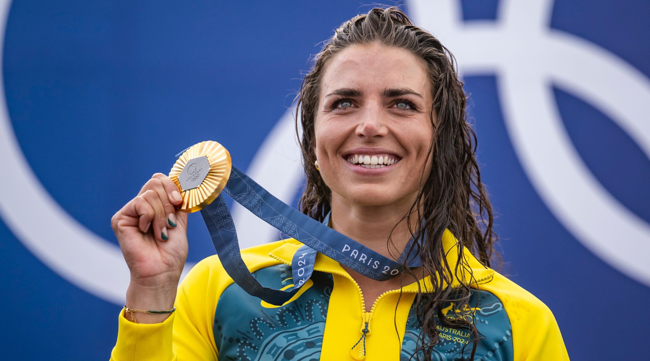 Jessica Fox on the podium during the canoe slalom medal ceremony after winning the women’s kayak single final, July 28, 2024, in Paris. (Kevin Voigt/GettyImages)