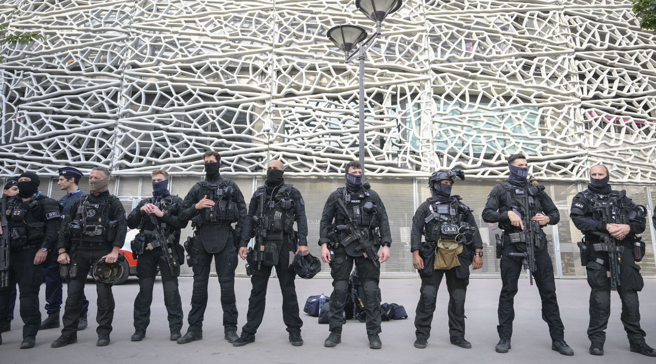 Police officers take security measures ahead of the soccer match between Mali and Israel during the 2024 Olympics, July 24, 2024, in Paris. (Mehmet Murat Onel/Anadolu via Getty Images)