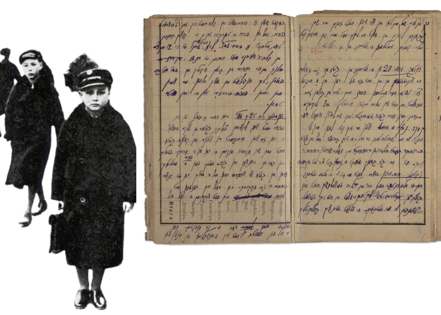 Yitskhok Rudashevski in 1939 with an image of his diary.