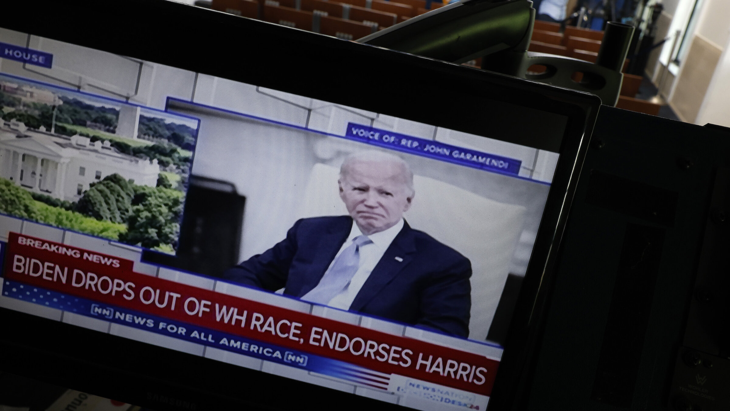 The view from the White House Briefing Room as U.S. President Joe Biden announces his decision not to seek re-election on July 21. 