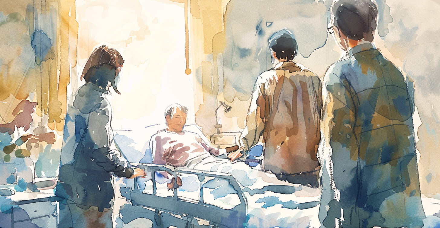 A family surrounds a loved one at their deathbed in a hospital.