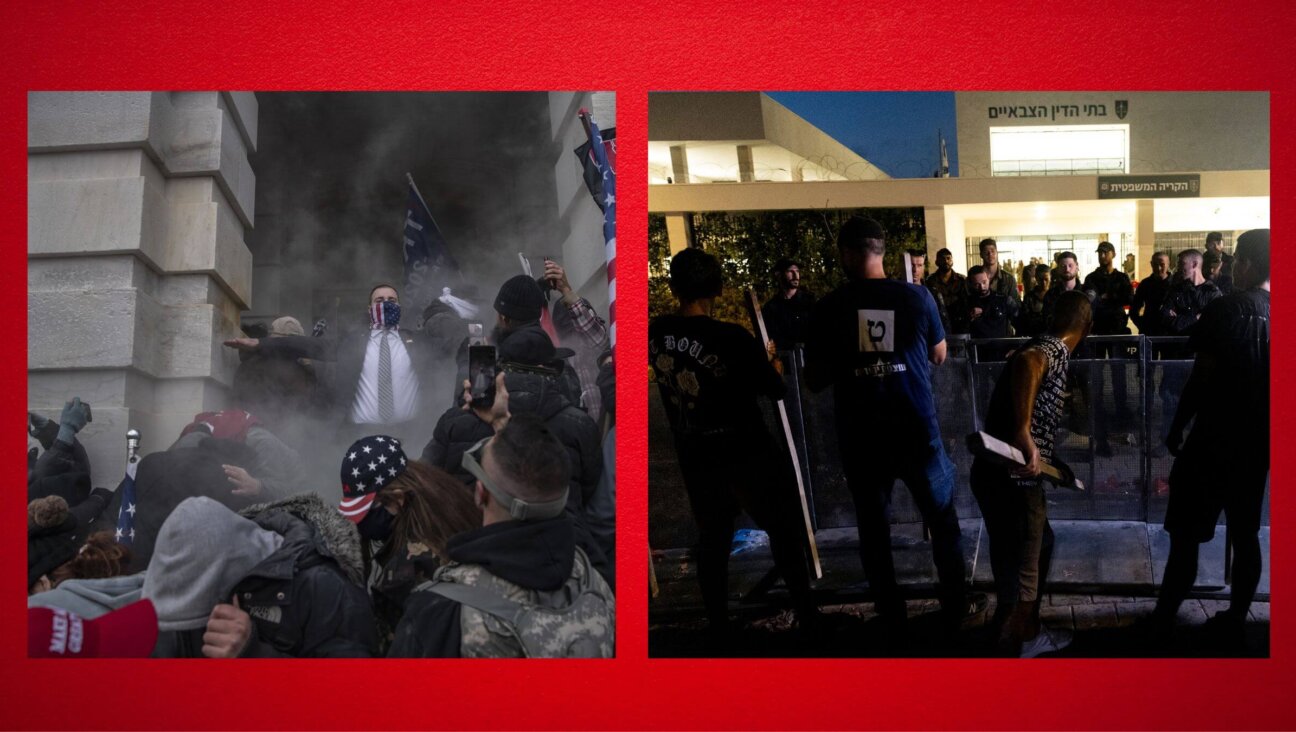 L: Rioters attempting to break into the U.S. Capitol on Jan. 6. R: Protesters attempting to break into Israeli army base, July 30. 