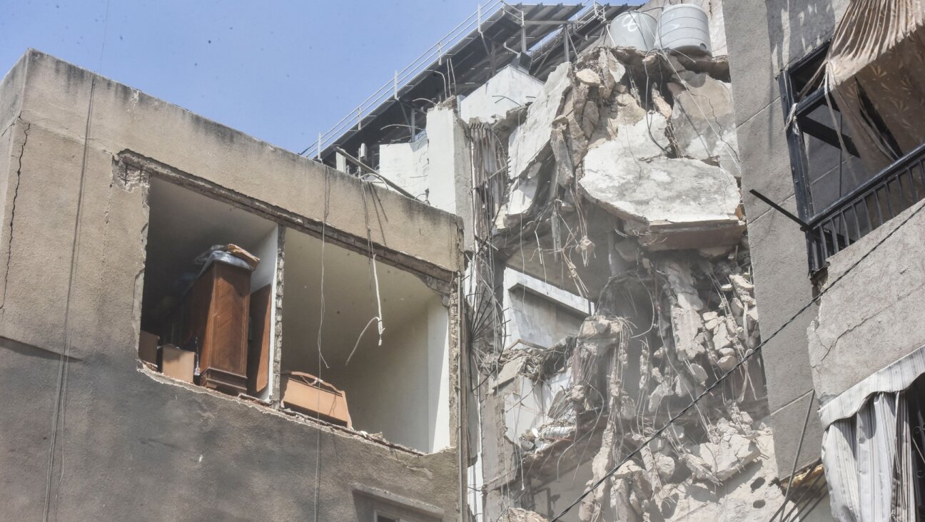 A view of a partially destroyed building targeted by the Israeli army in its assassination of Hezbollah commander Fuad Shukr, Beirut, July 31, 2024. (Fadel Itani/NurPhoto via Getty Images)