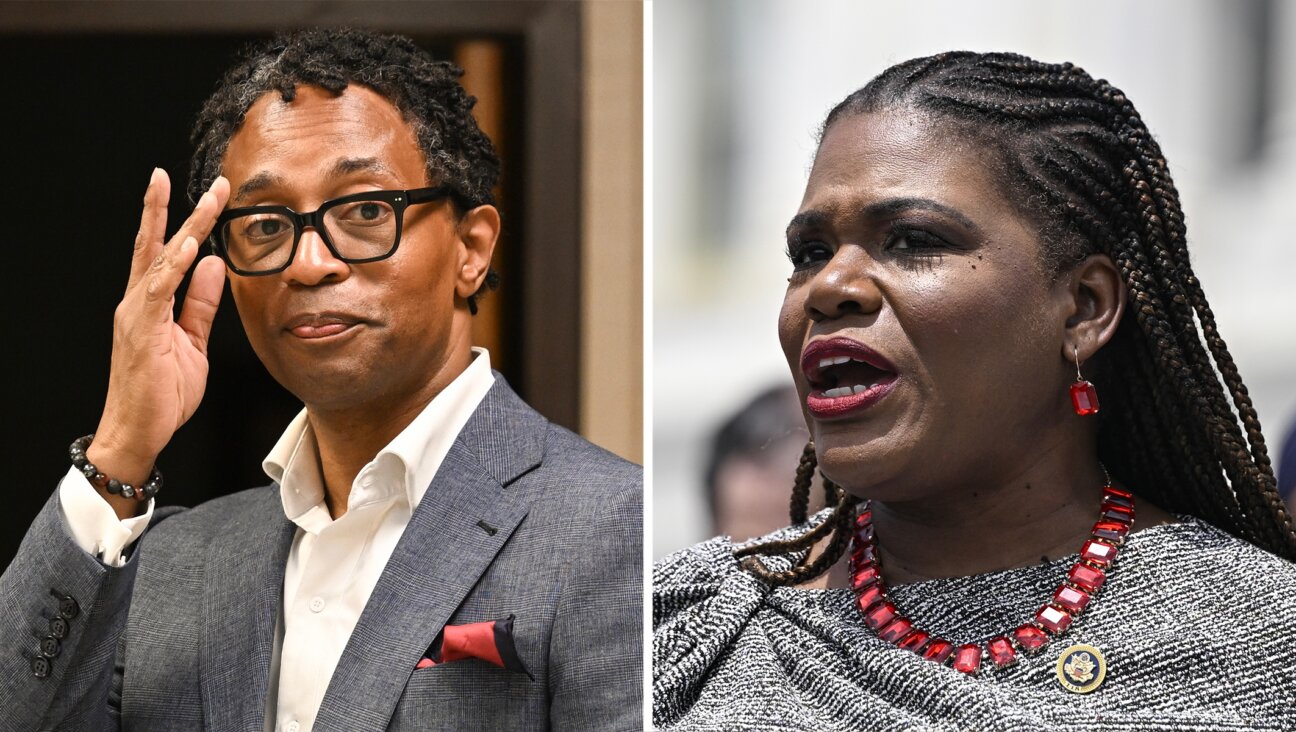 At left, St. Louis County prosecutor and congressional candidate Wesley Bell speaks during a campaign stop at a Ward meeting held at the American Czech Center in St. Louis, July 11, 2024. At right, Rep. Cori Bush, a Missouri Democrat, speaks during a press conference to advocate for the protection of free speech on campuses, in front of Congress, May 24, 2024. (L: Michael B. Thomas for The Washington Post via Getty Images/R: Celal Gunes/Anadolu via Getty Images)