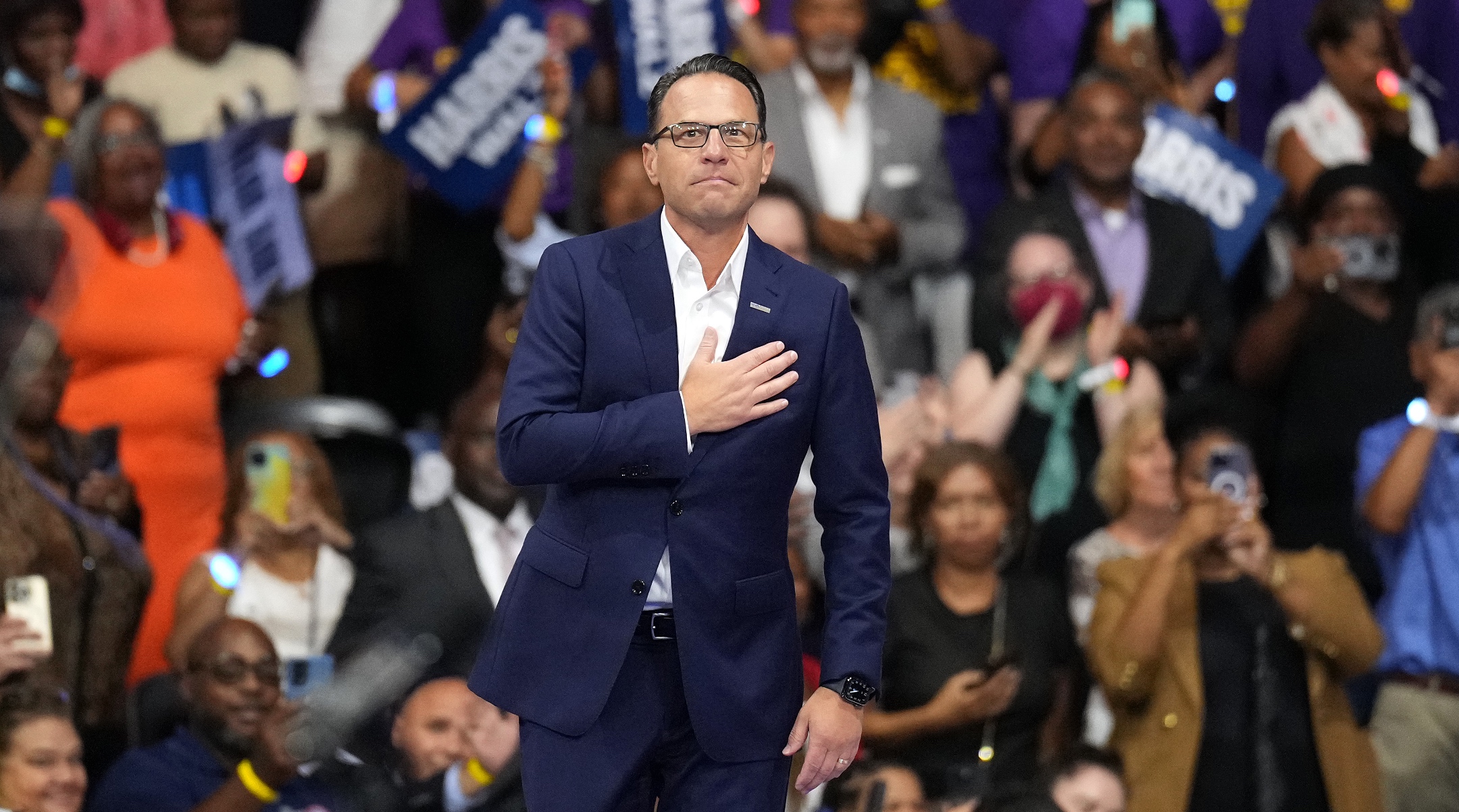 Pennsylvania Gov. Josh Shapiro greets the crowd before the start of a campaign rally with Democratic presidential candidate, U.S. Vice President Kamala Harris and Democratic vice presidential candidate Minnesota Gov. Tim Walz at Girard College, Philadelphia, Aug. 6, 2024. (Andrew Harnik/Getty Images)