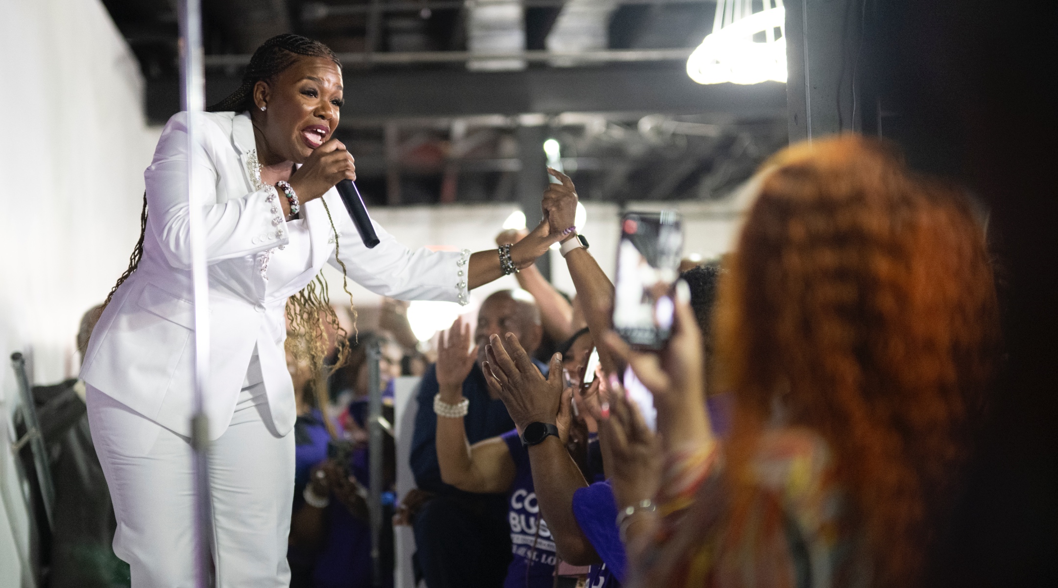 Rep. Cori Bush, a Missouri Democrat, gestures to the crowd prior to delivering her concession speech during a primary election watch party at Chevre Events, St. Louis, Aug. 6, 2024. (Michael B. Thomas/Getty Images)