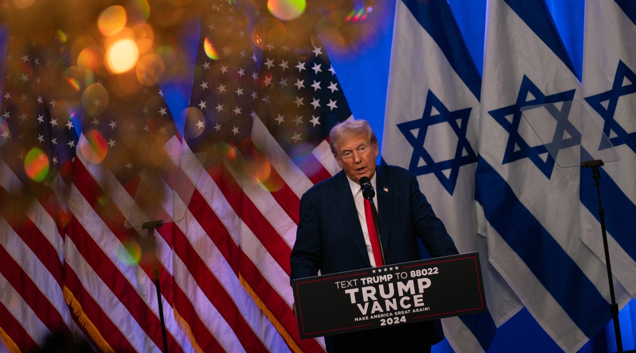 Republican presidential candidate, former U.S. President Donald Trump holds a fighting anti-semitism event with Miriam Adelson at the Trump National Golf Club Bedminster, in Bedminster, New Jersey, Aug. 15, 2024. (Adam Gray/Getty Images)