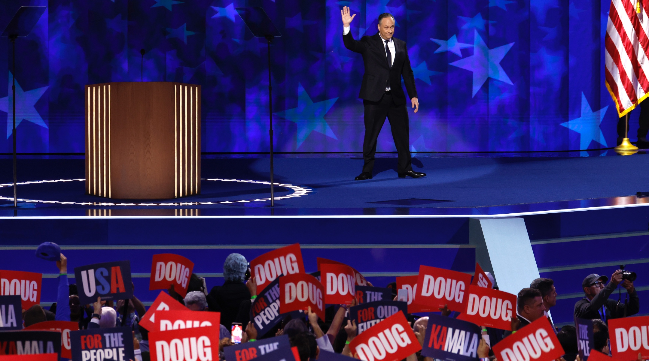 Second gentleman Doug Emhoff departs after speaking on stage during the second day of the Democratic National Convention at the United Center, Chicago, Aug. 202. 2024. (Chip Somodevilla/Getty Images)