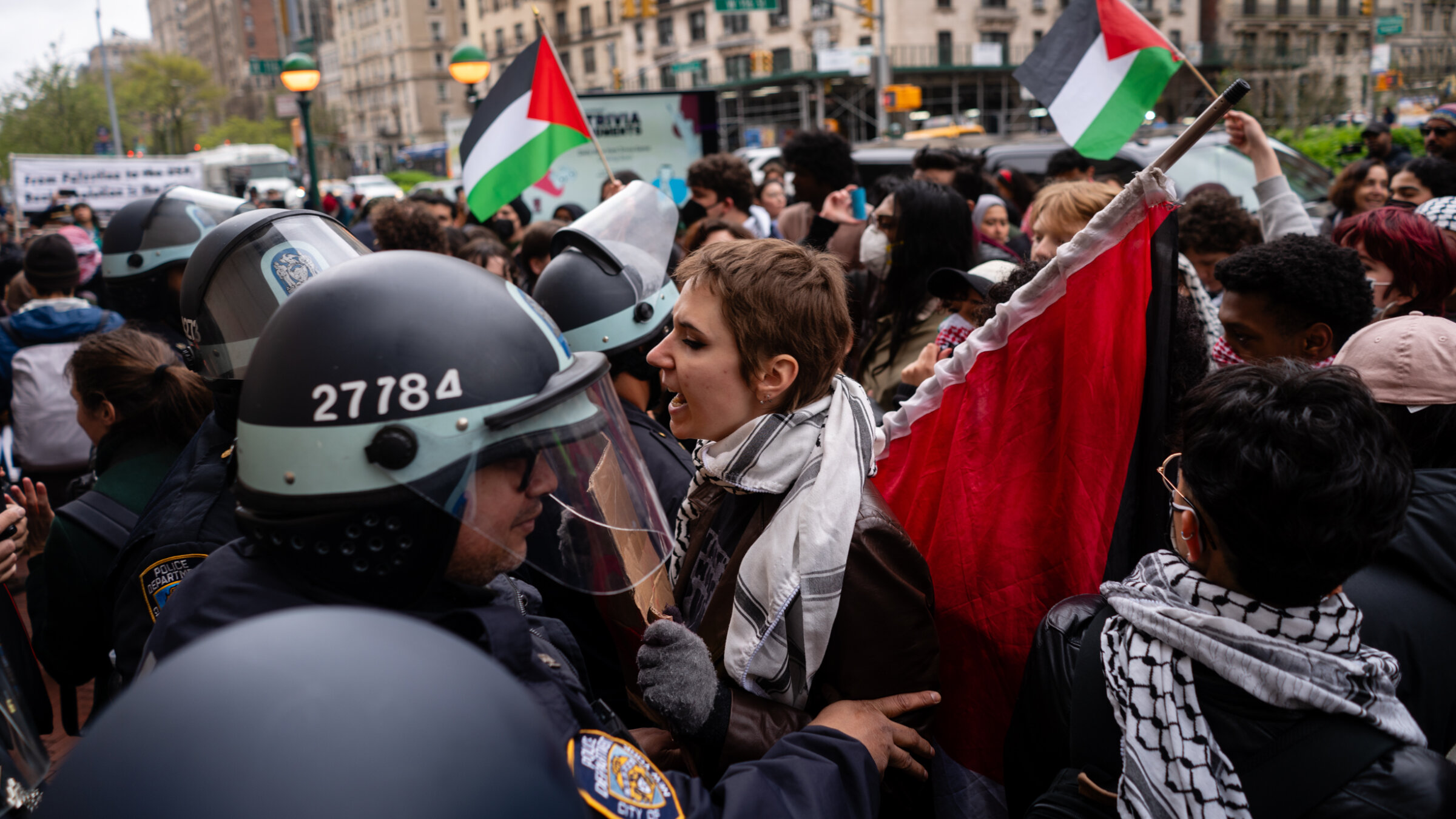 Pro-Palestinian demonstrators at a protest outside Columbia University, in Manhattan, April 18, 2024. (Luke Tress)