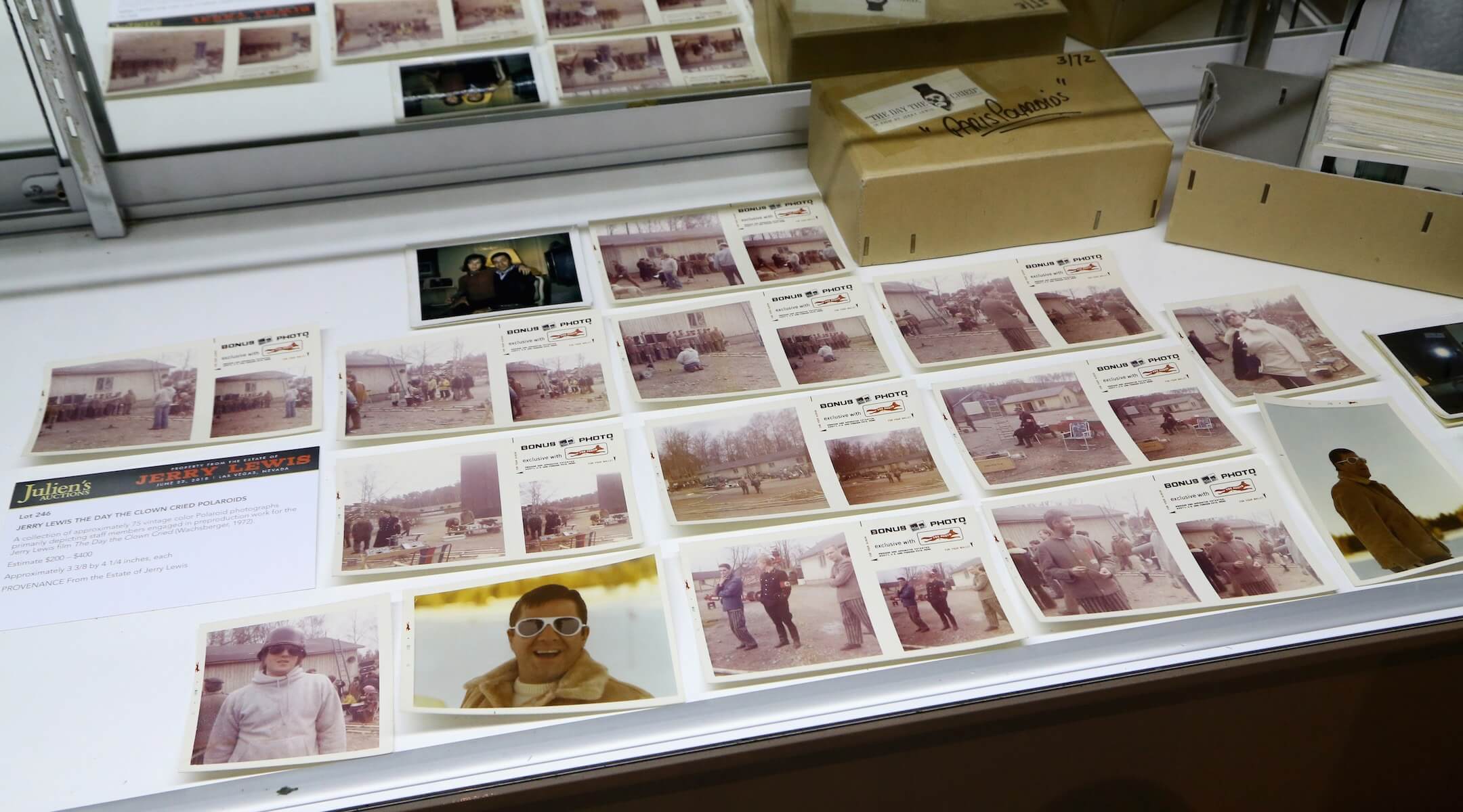 Polaroid photographs from behind the scenes of the unreleased movie "The Day the Clown Cried" on display during Julien's Auctions' Jerry Lewis estate auction at Planet Hollywood Resort & Casino on June 22, 2018 in Las Vegas, Nevada. (Gabe Ginsberg/Getty Images)