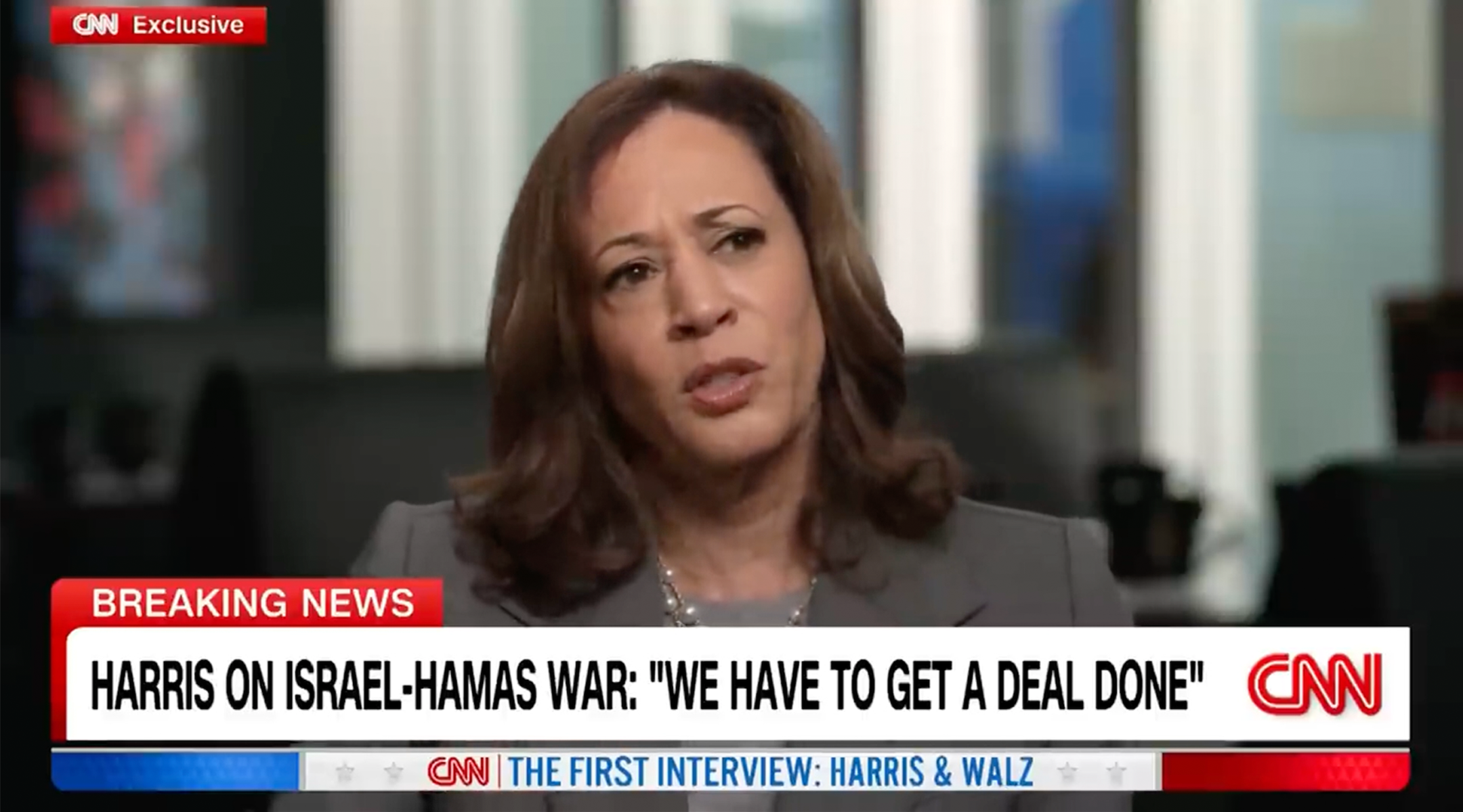 Appearing on CNN for a sit-down interview, Kamala Harris answered Dana Bash’s questions about the Israel-Hamas war, Aug. 29, 2024. (Screenshot from CNN)