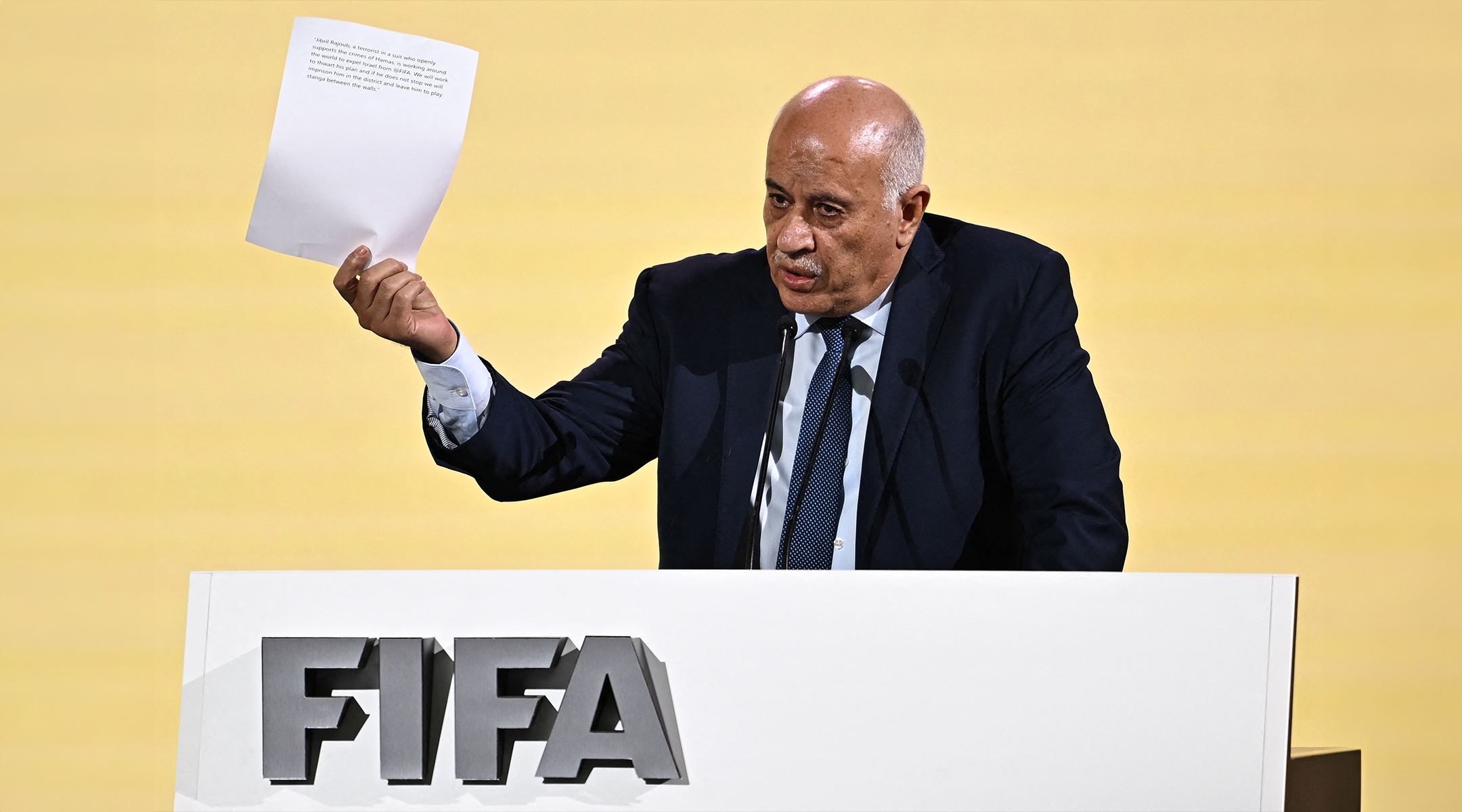 Palestinian Football Association President Jibril Rajoub speaks during the 74th FIFA Congress, May 17, 2024, in Bangkok. (Manan Vatsyayana/AFP via Getty Images)