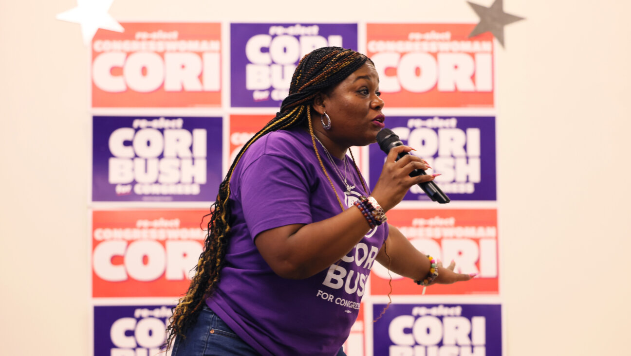 U.S. Rep. Cori Bush speaks at her campaign headquarters in St. Louis two years ago. A new nonprofit is seeking to turnout Jewish voters in her district by telling them that "antisemitism is on the ballot," which critics see as a thinly veiled reference to Bush, a harsh critic of Israel.
