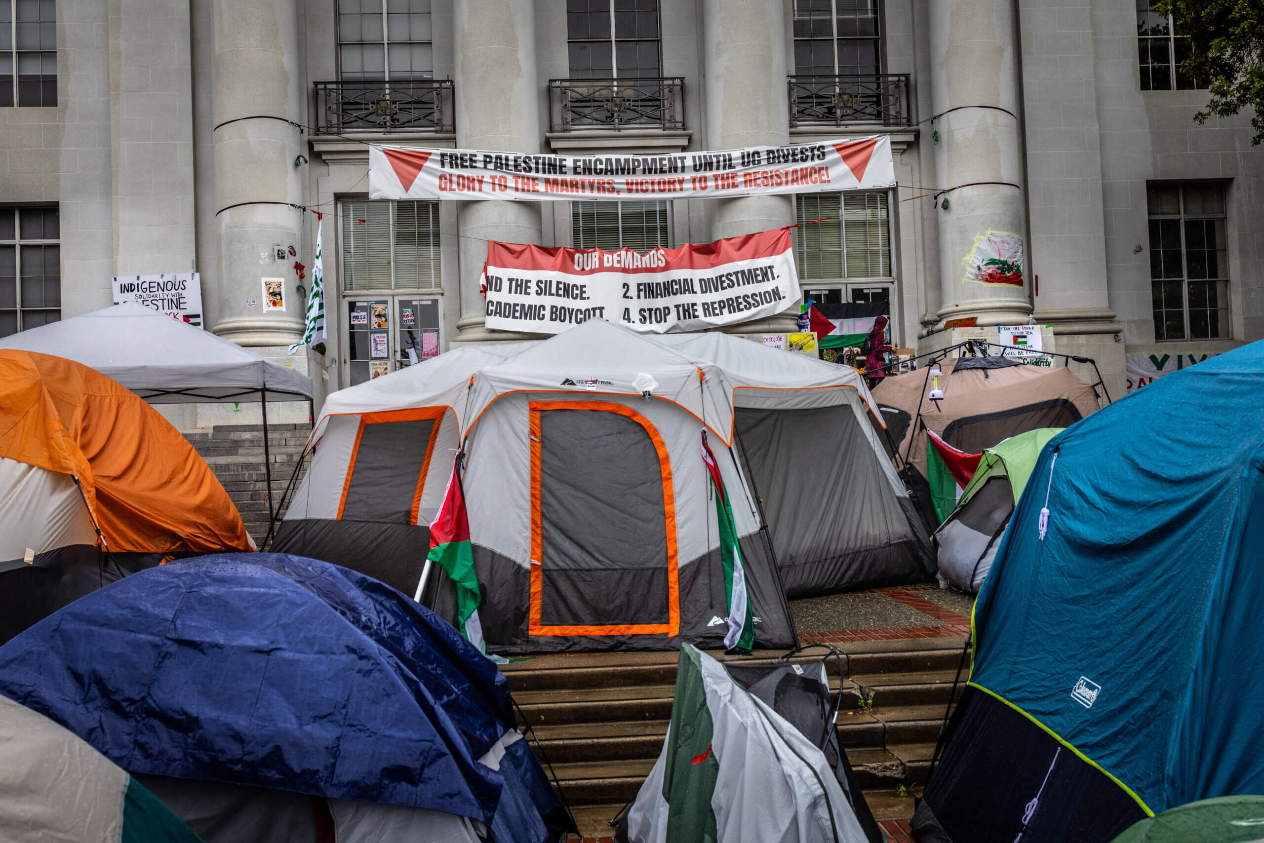 Banners and posters of pro-Palestinian support on the campus of the University of California, Berkeley, on  May 4.