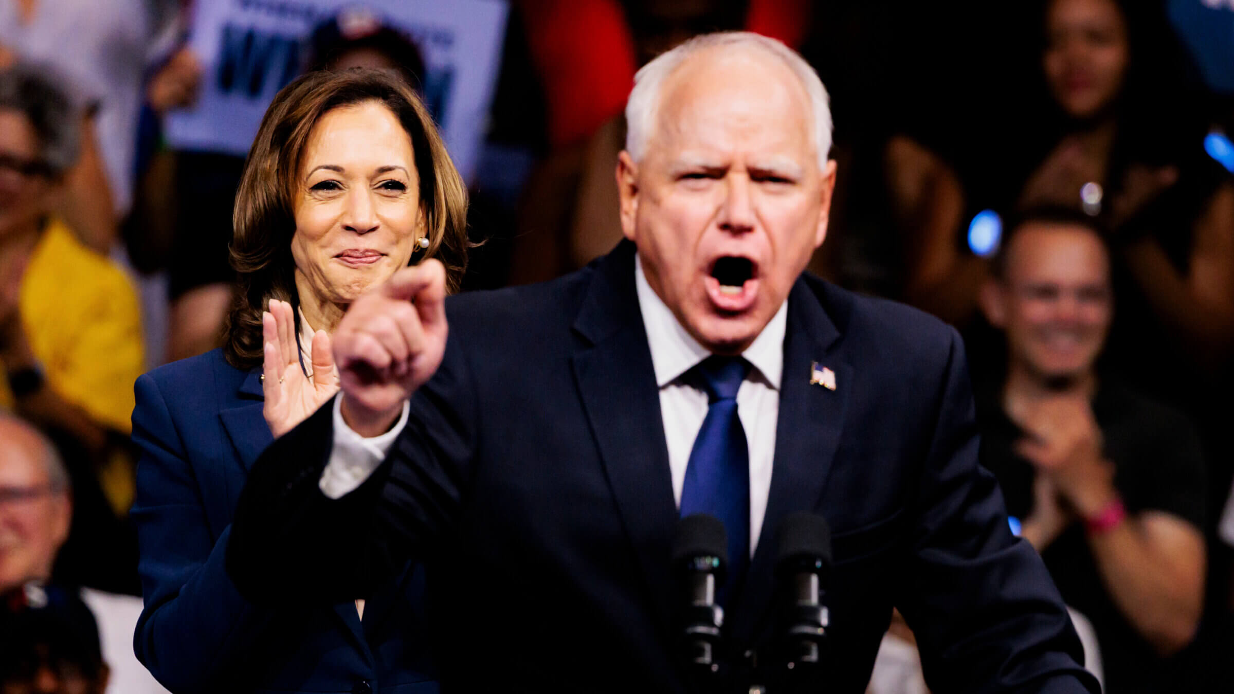 Tim Walz and Kamala Harris during a campaign event in Philadelphia, Pennsylvania, US, on Tuesday, Aug. 6, 2024. Harris tapped Walz as her running mate, enlisting him to build an electoral coalition of coastal progressives and Midwest moderates to block Donald Trump from the White House. Photographer: Hannah Beier/Bloomberg via Getty Images