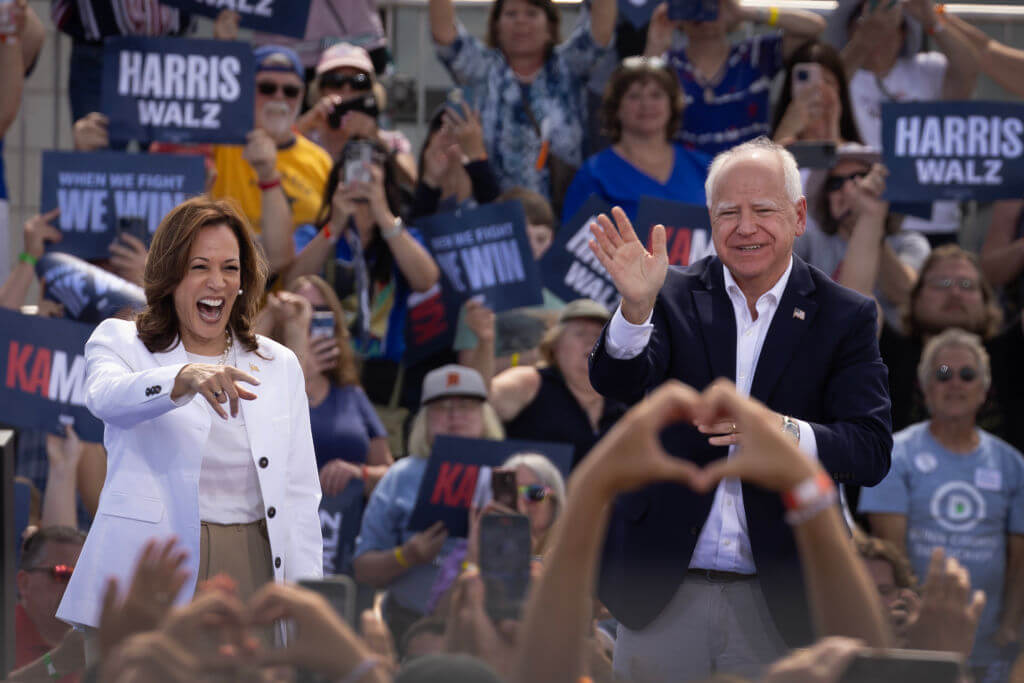 Vice President Kamala Harris with her running mate Minnesota Gov. Tim Walz on Aug. 7, 2024. 