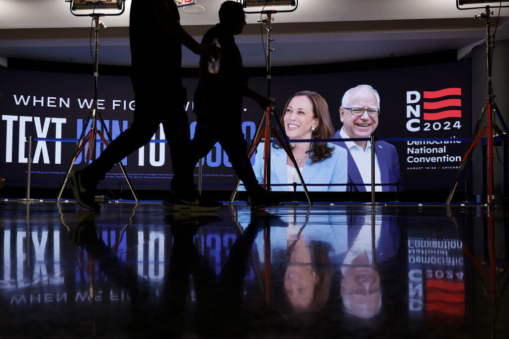 Images of Democratic presidential candidate and Vice President Kamala Harris and vice presidential candidate Gov. Tim Walz at the United Center Aug. 17, ahead of the DNC.