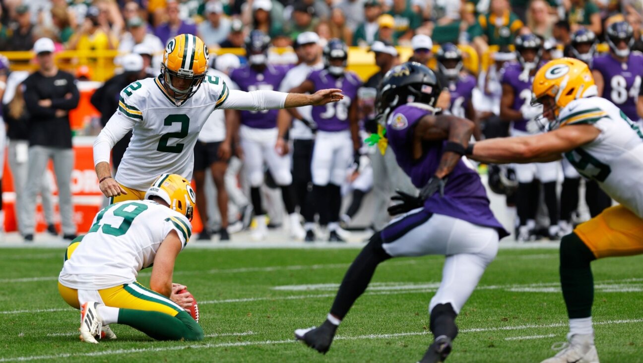 Greg Joseph kicks a field goal during a preseason game between the Green Bay Packers and Baltimore Ravens, Aug. 24, 2024, in Green Bay, Wis. (Larry Radloff/Icon Sportswire via Getty Images)