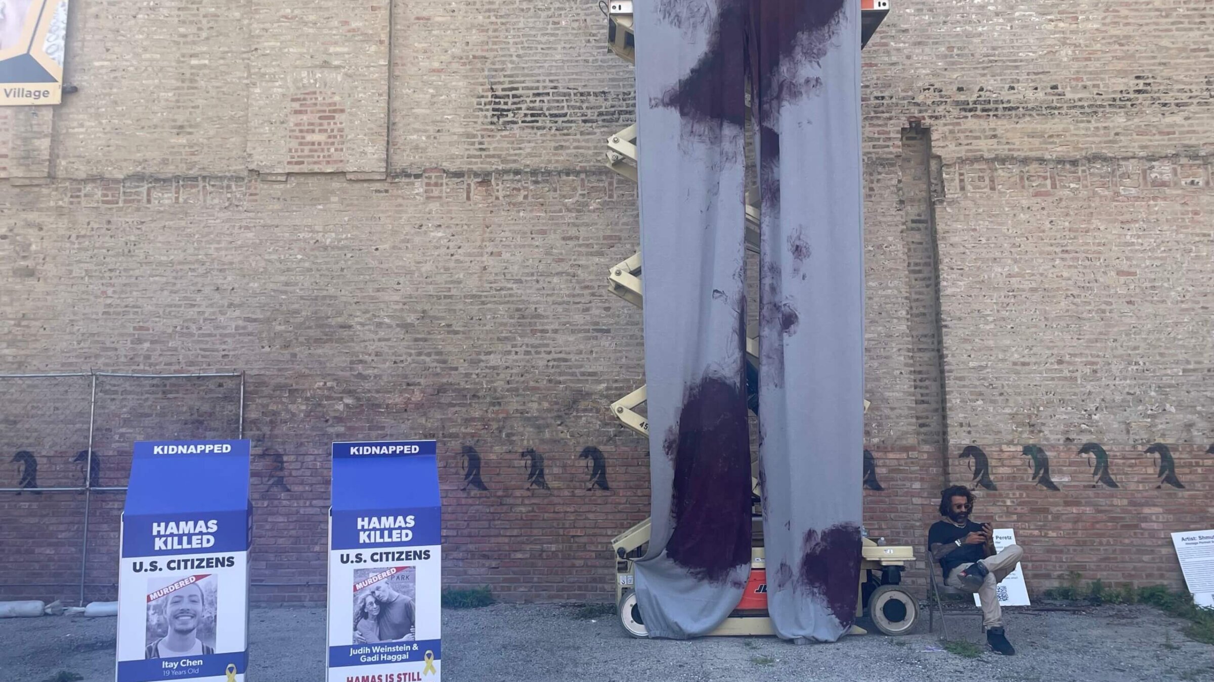 A mile from the DNC, a tribute to the Israeli hostages features a 22-foot replica of the bloody sweatpants worn by 19-year-old Naama Levy, one of the 100-plus Israelis still in captivity in Gaza.