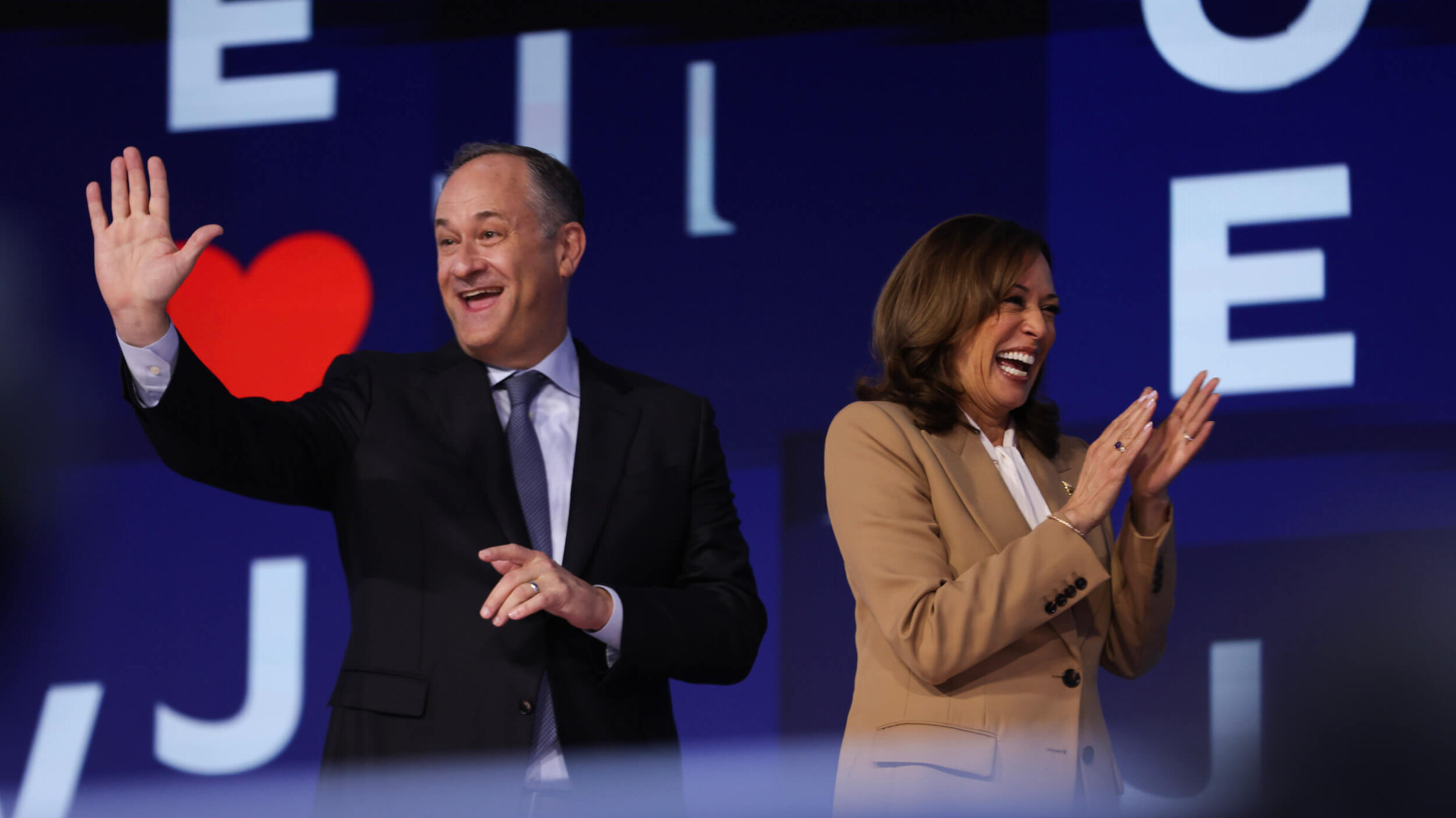 Second Gentleman Doug Emhoff and Democratic presidential candidate Vice President Kamala Harris at the Democratic National Convention in Chicago.