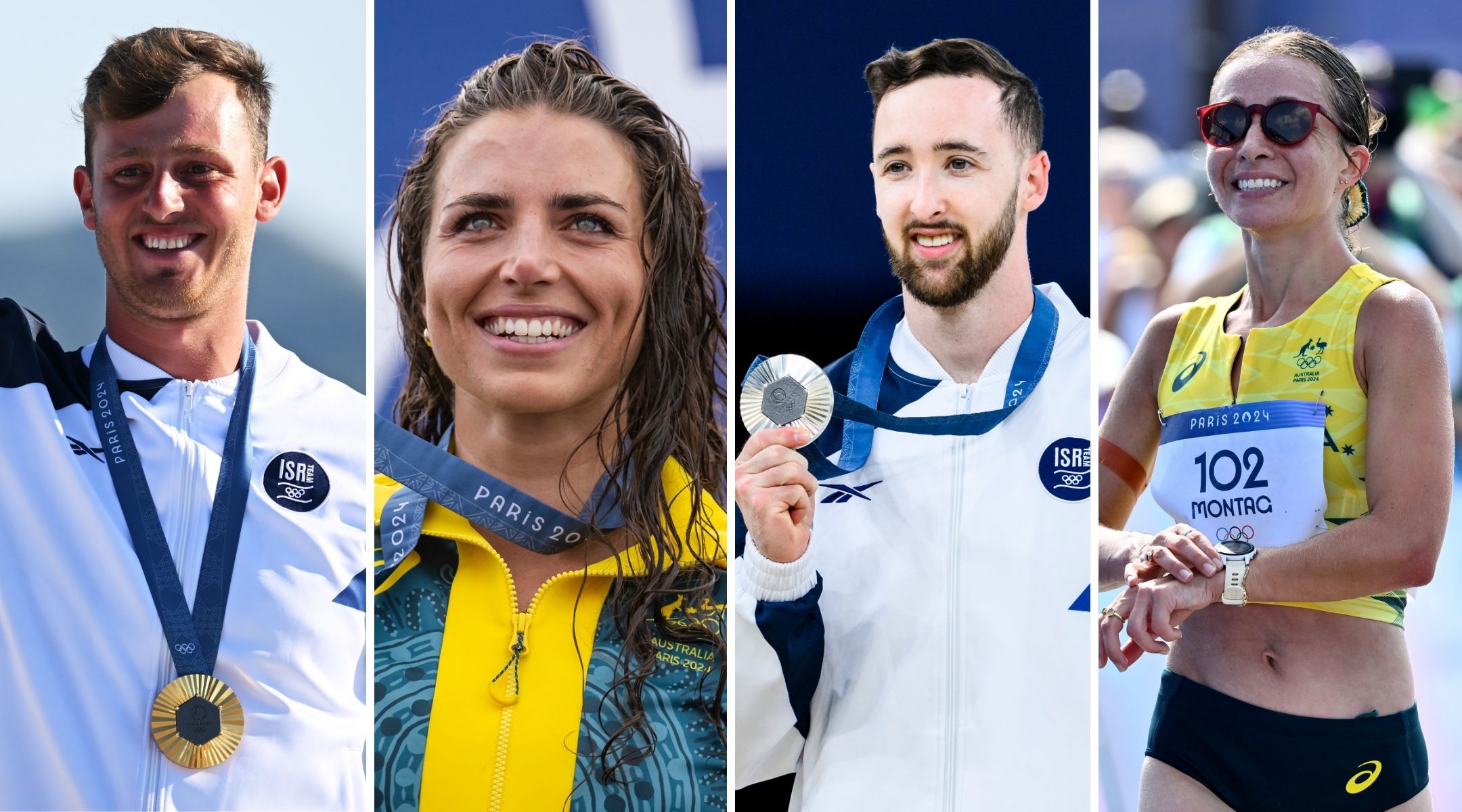 L-R: Tom Reuveny, Jessica Fox, Artem Dolgopyat and Jemima Montag are among the Jewish medalists at the Paris Olympics. (Getty Images)