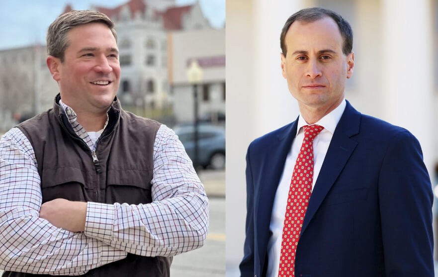 Missouri Attorney General Andrew Bailey, left, and his Republican primary opponent, Will Scharf.