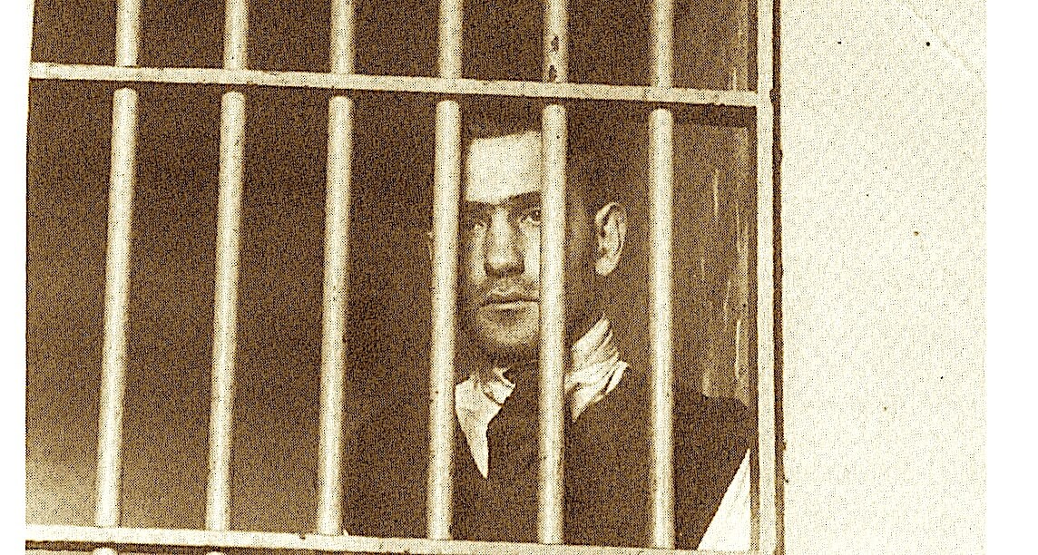 Chaim "Ime" Mendl Kaplan in his cell at the Deer Island Prison, January 1920