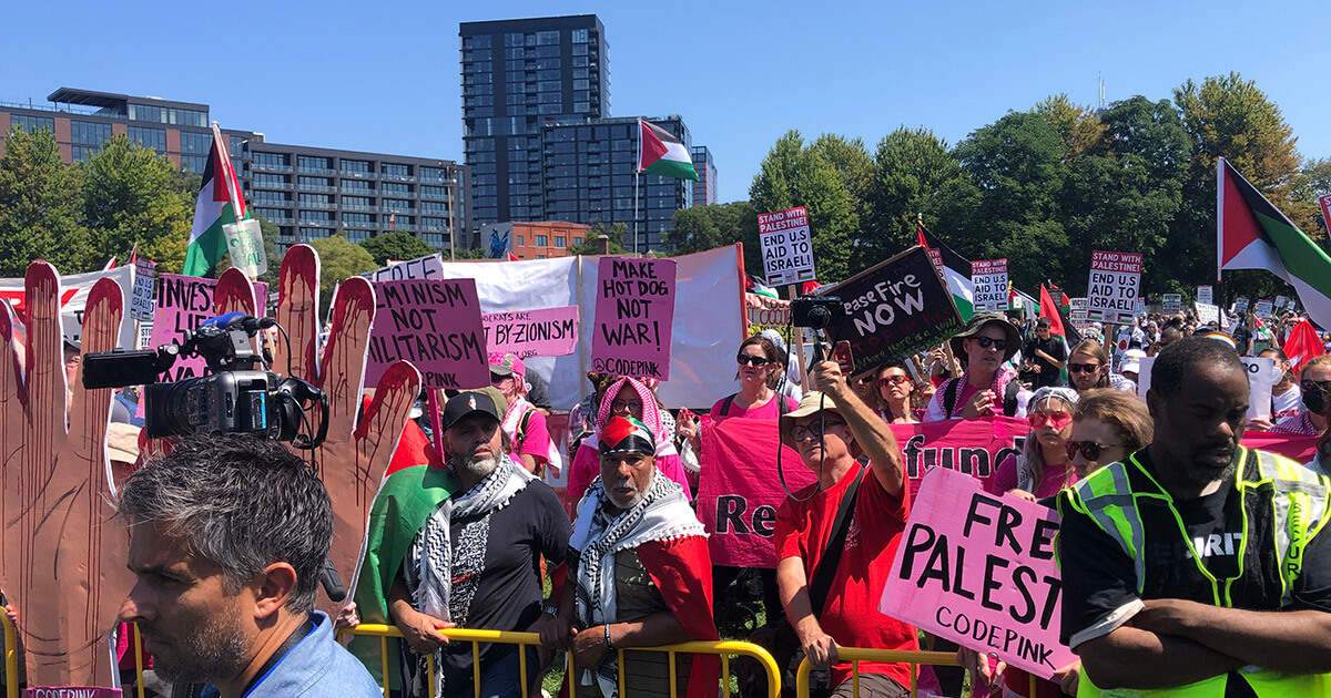 Protesters in Chicago on the first day of the Democratic National Convention in August 2024.