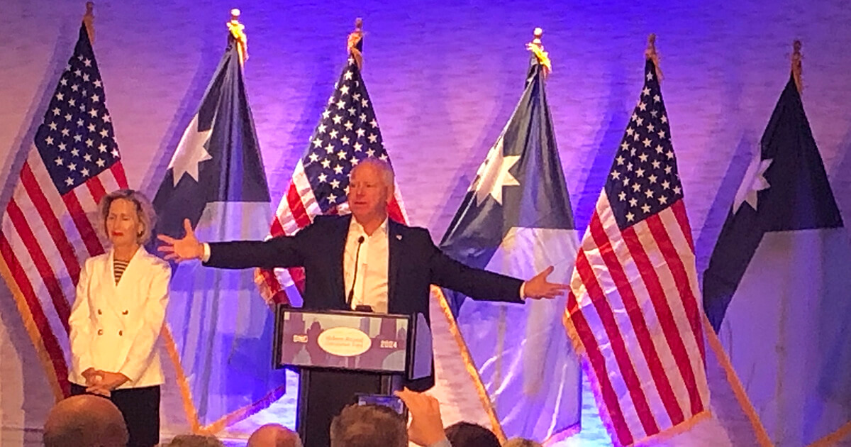 Gov. Tim Walz speaks at a breakfast with the Minnesota delegation at the Democratic National Convention in Chicago.